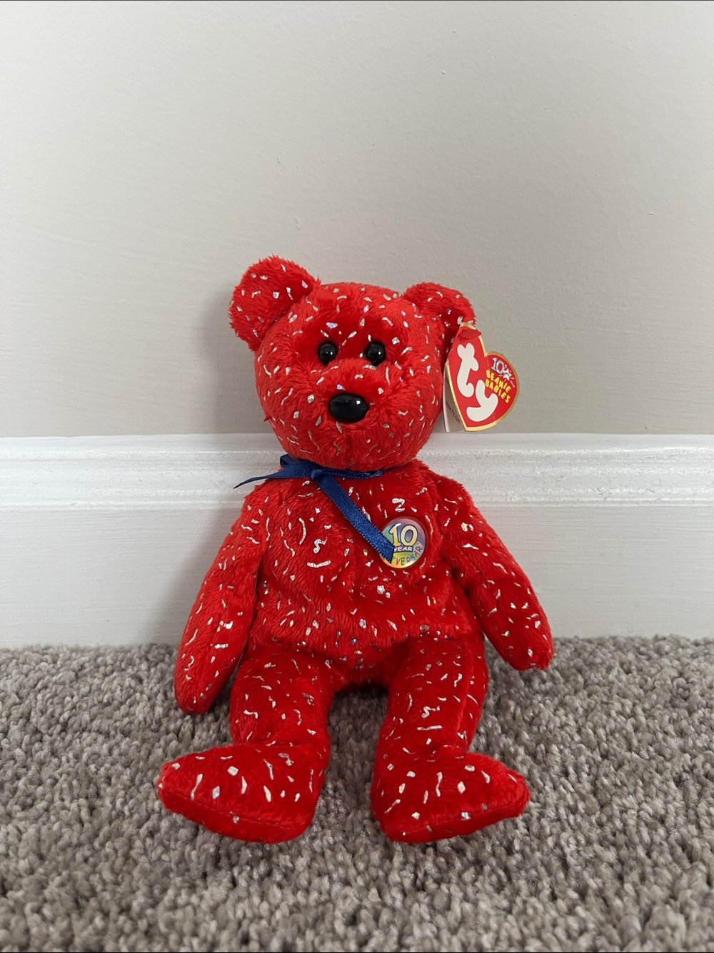 Ty Red 10 Year Celebration Bear with Silver Sprinkles Plush - Collectible